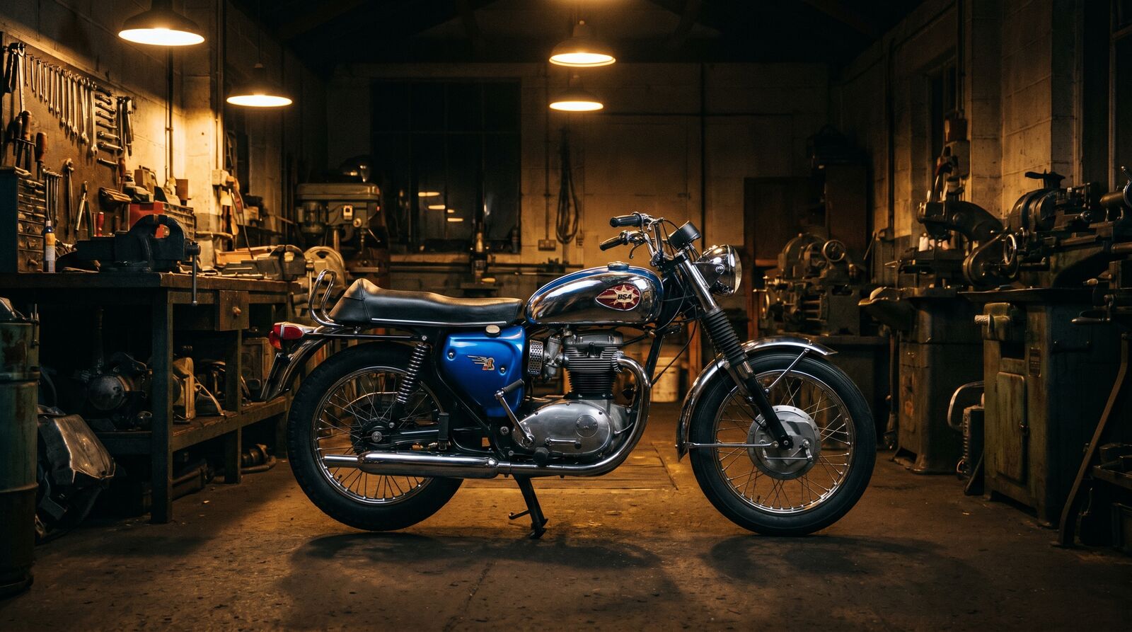 Restored classic British motorcycle inside a dark working restoration workshop